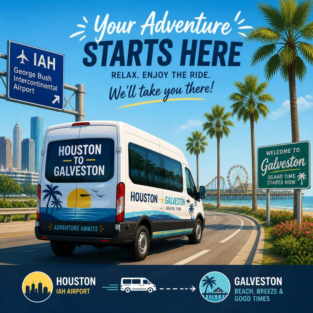 Houston to Galveston shuttle van heading from IAH airport toward Galveston Island on a route with no bus or train