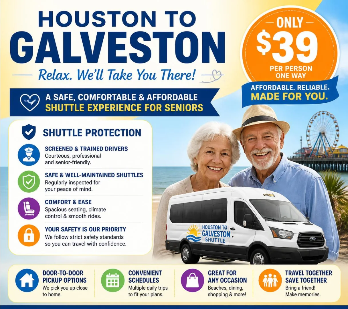 Cheapest Houston to Galveston shuttle for seniors at $39 per person with Shuttle Protection included