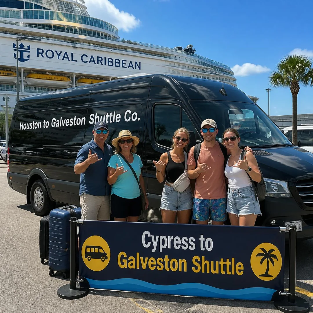 Five cruise passengers with luggage beside a black Houston to Galveston Shuttle Co. Sprinter at the Galveston cruise port