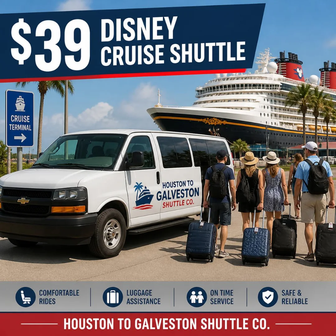 The $39 Disney cruise shuttle from Houston dropping passengers at the Galveston cruise terminal