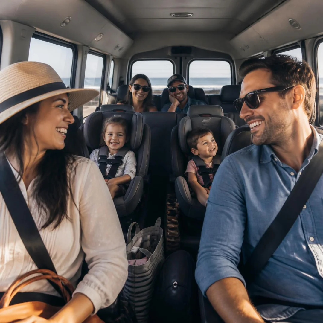 Family with young children in car seats inside a Galveston cruise shuttle van on the way to the port