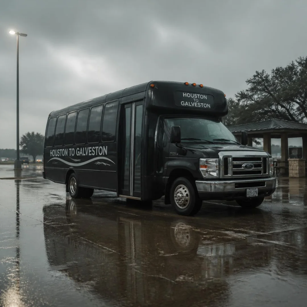 Shuttle waiting in storm weather during a Galveston cruise port closure before a delayed sailing