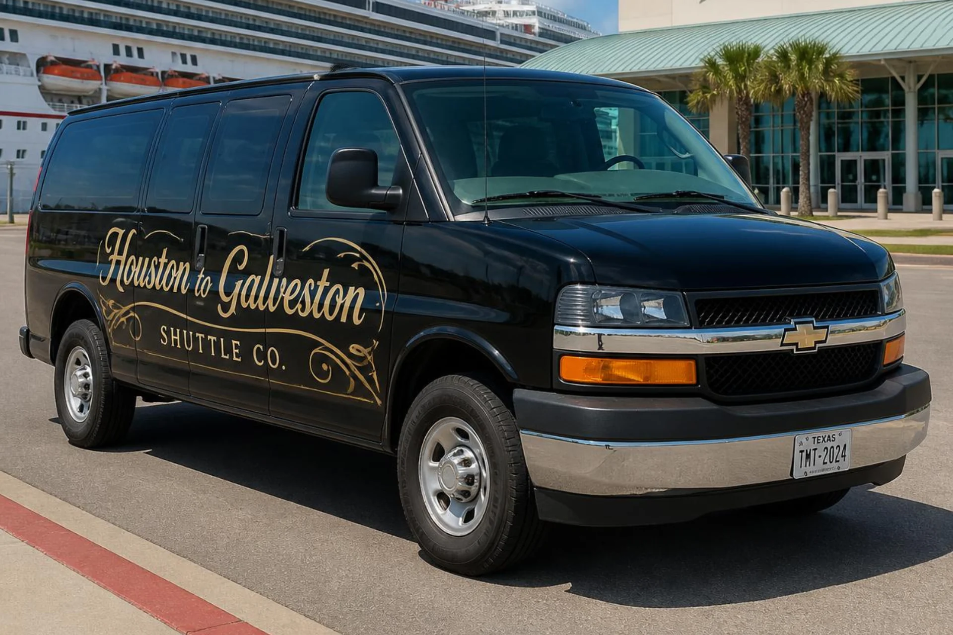 Galveston cruise shuttle van parked beside a docked cruise ship at the Galveston cruise terminal