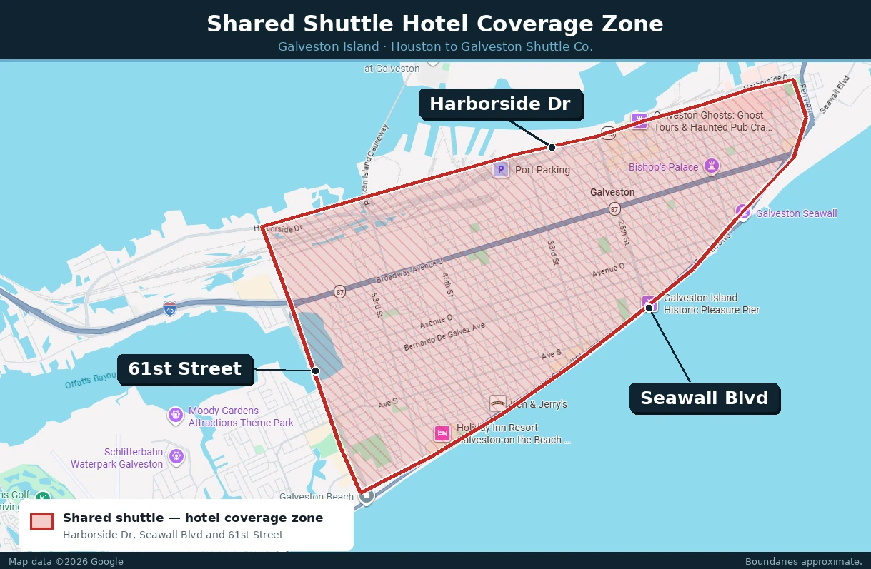 Map of the Galveston shared shuttle hotel coverage zone, bounded by Harborside Drive, Seawall Boulevard and 61st Street