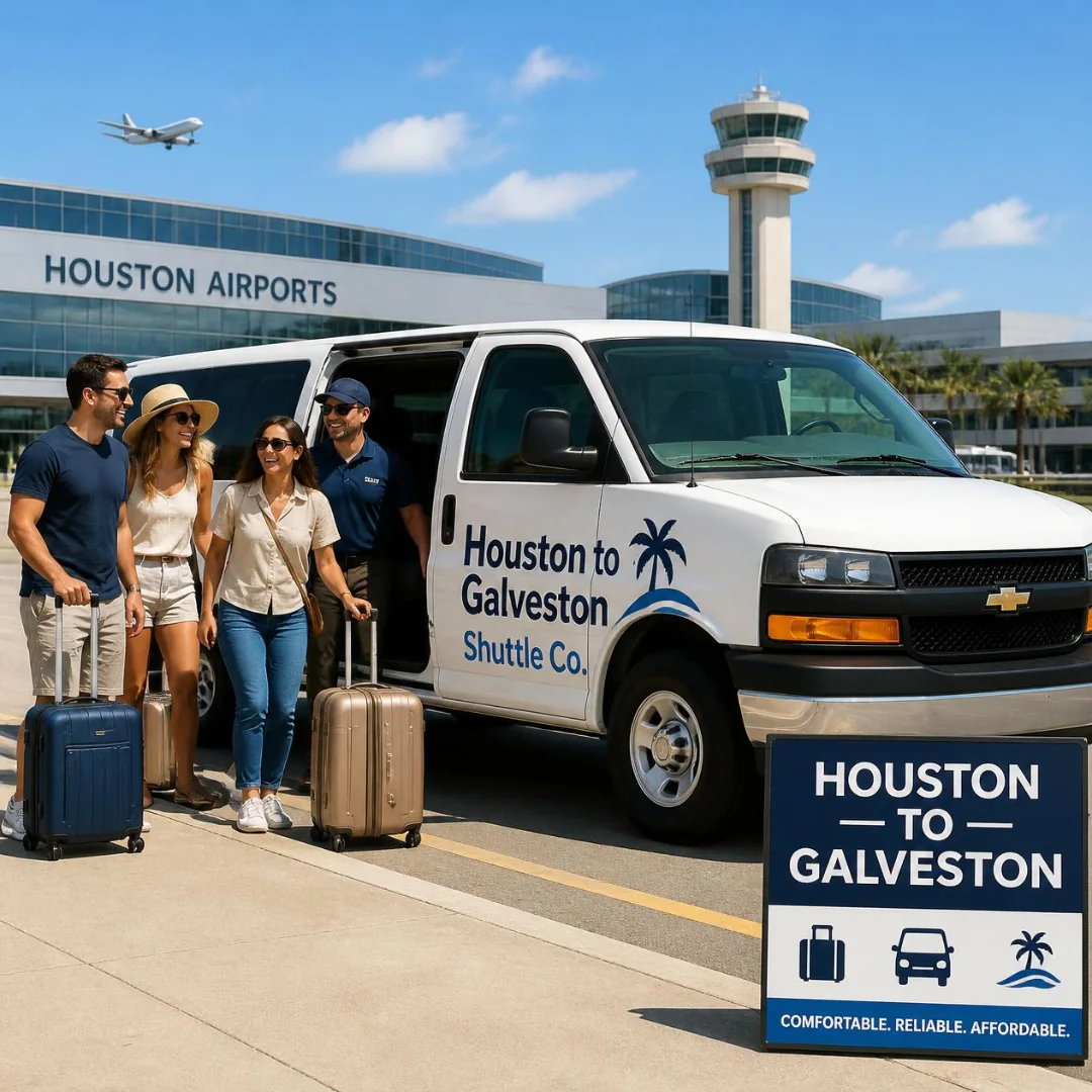 Houston airport shuttle to the Galveston cruise port with passengers and luggage beside a shared van