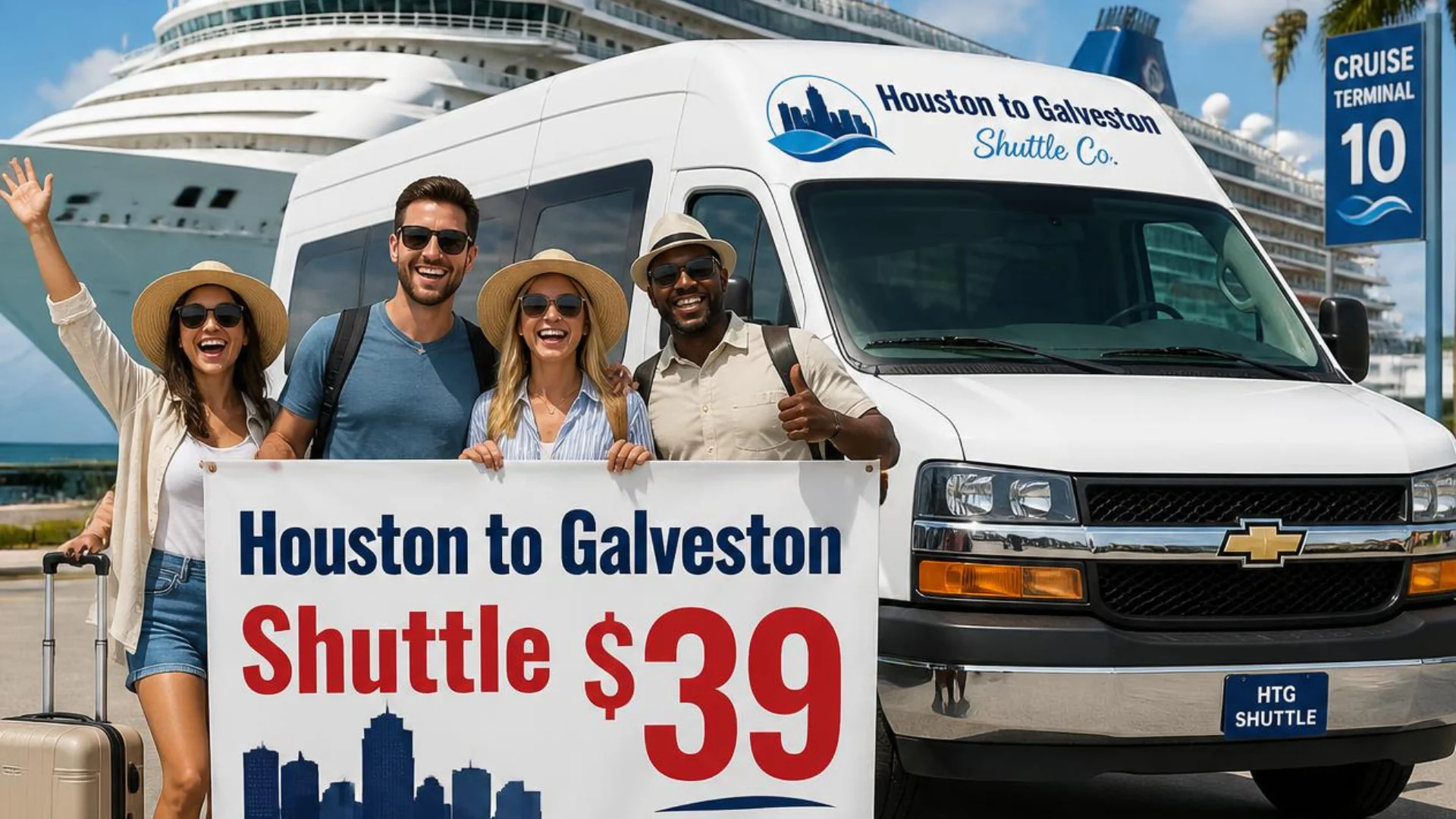 Cruise passengers holding a $39 Houston to Galveston Shuttle Co. banner beside a white shuttle van at Galveston Cruise Terminal 10