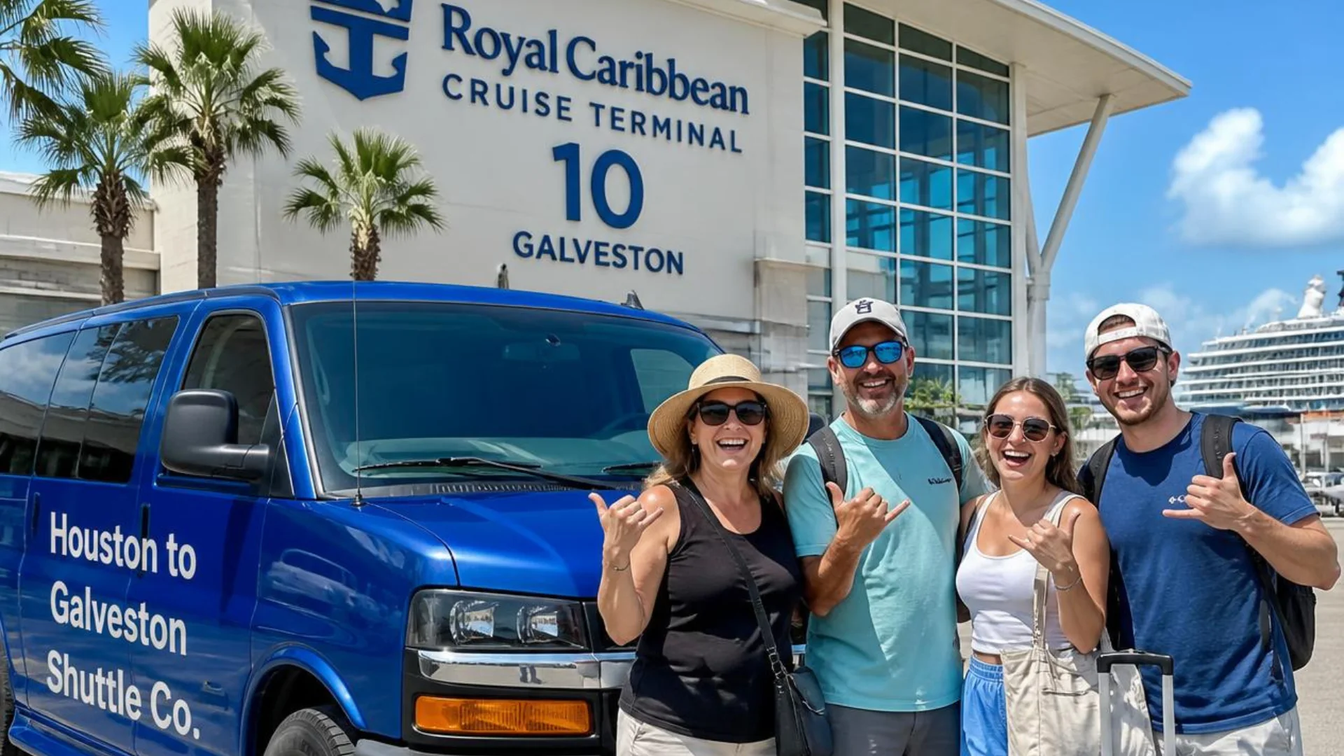 Houston to Galveston Shuttle Co. van with arriving passengers at Royal Caribbean Cruise Terminal 10, Galveston