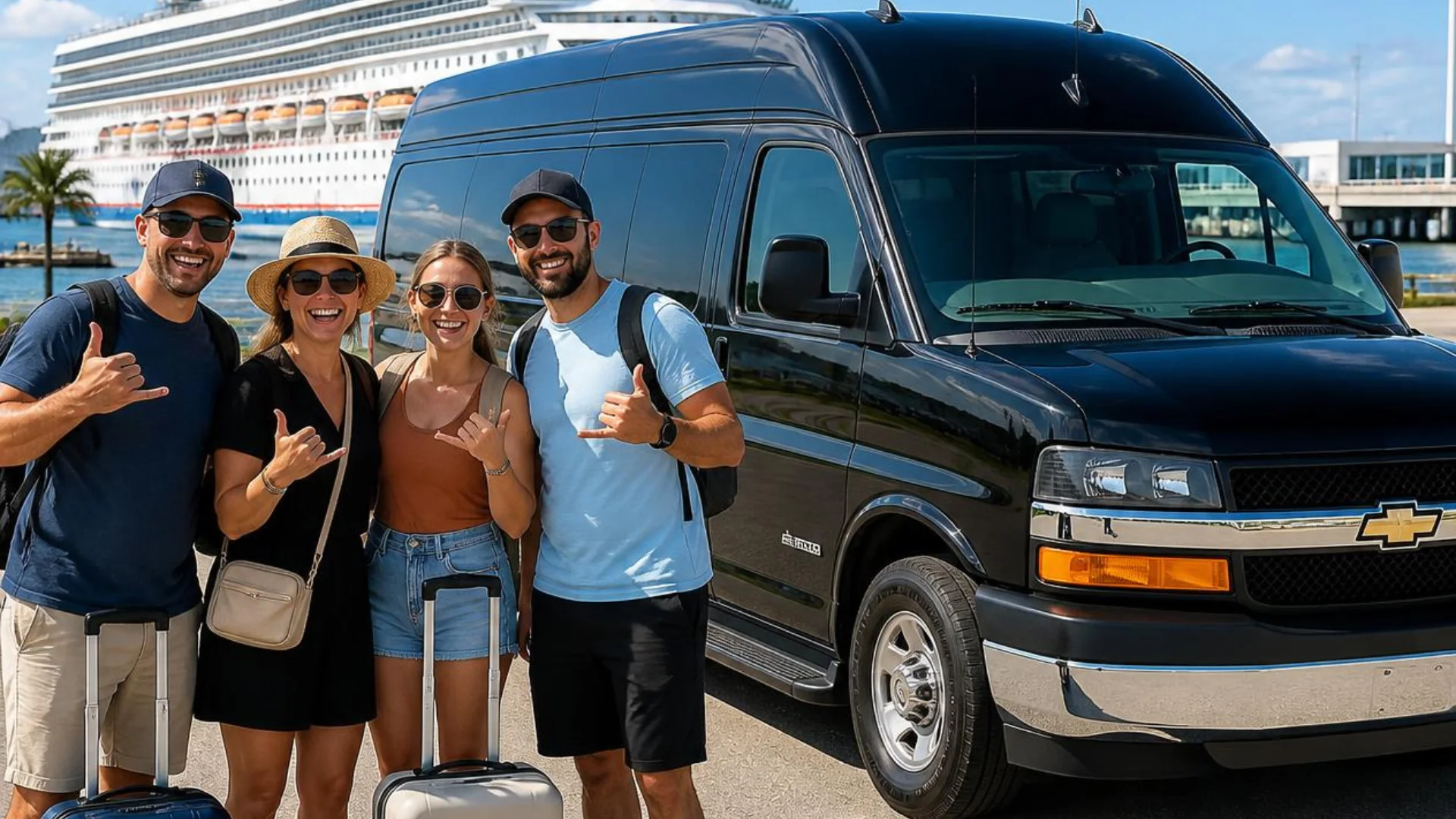 Four cruise passengers with suitcases beside a black Houston to Galveston Shuttle Co. van at the Port of Galveston