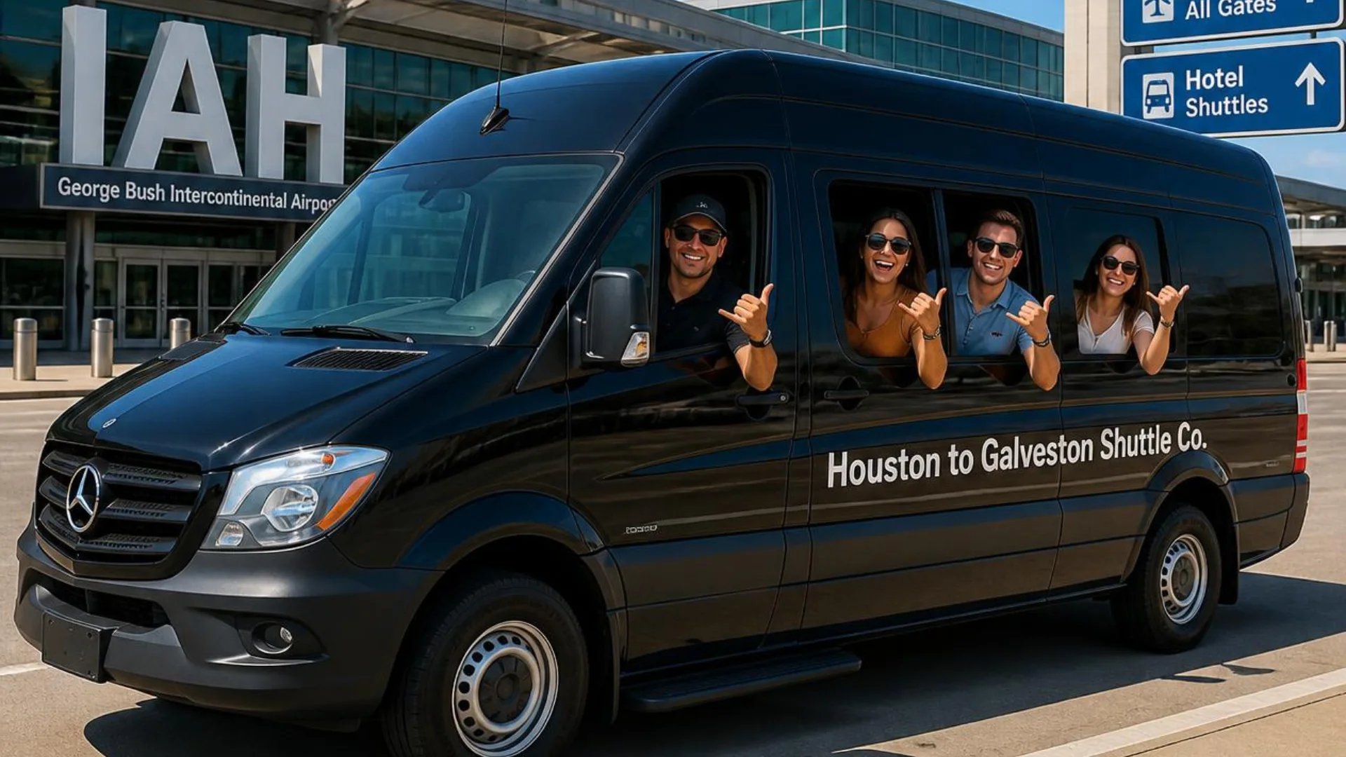 Four cruise passengers waving from a black Houston to Galveston Shuttle Co. Sprinter van outside George Bush