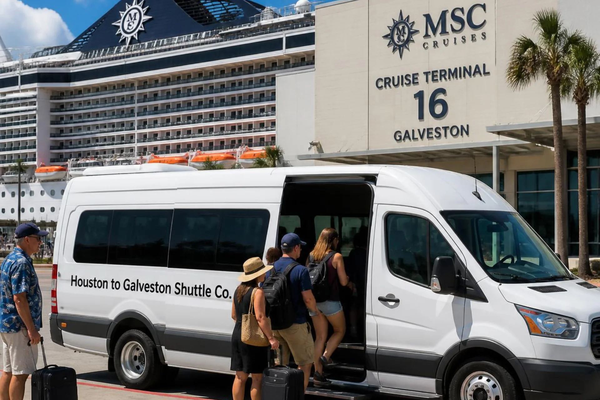 Cruise passengers boarding a white Houston to Galveston Shuttle Co. van outside MSC Cruises Cruise Terminal 16 in Galveston