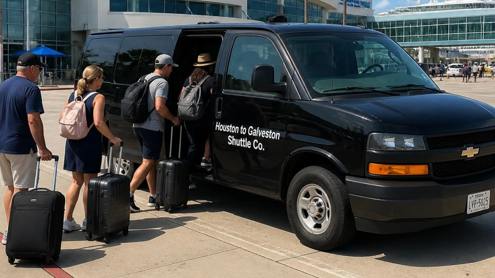 Cruise passengers with luggage boarding a black Houston to Galveston Shuttle Co. van at the Galveston cruise terminal