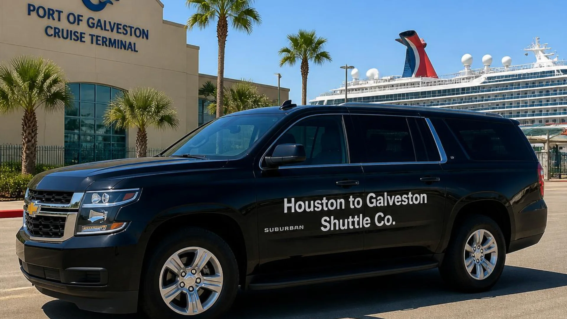 Houston to Galveston Shuttle Co. private black Suburban parked at the Port of Galveston cruise terminal