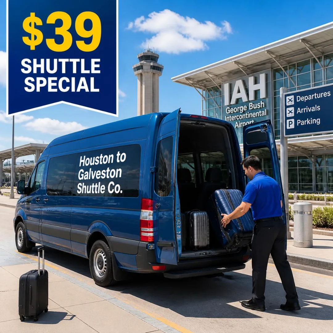 Houston to Galveston Shuttle Co. driver loading suitcases at the IAH terminal for the $39 shared shuttle to Galveston