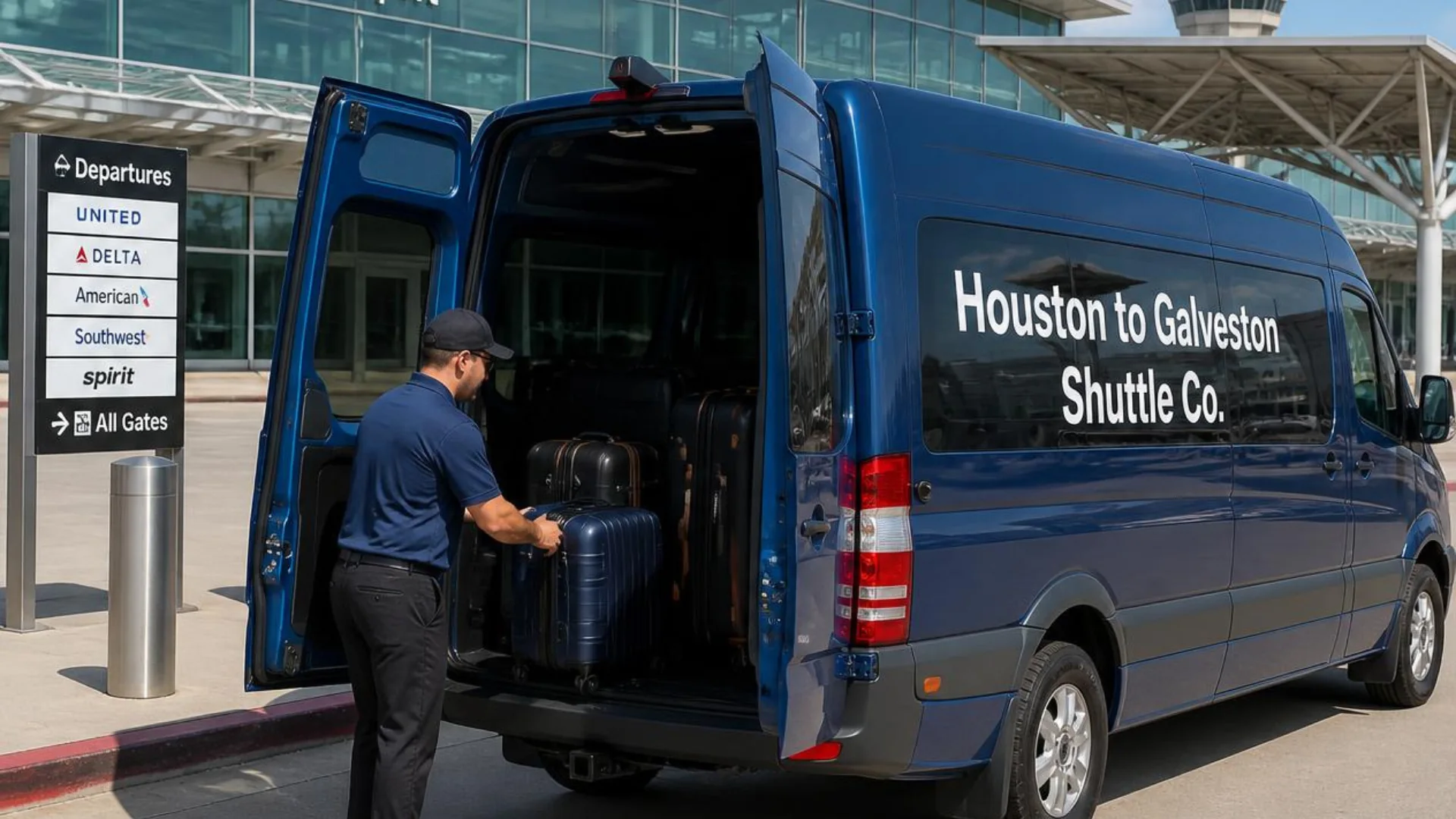 Houston to Galveston Shuttle Co. driver loading luggage at the Houston airport departures curb