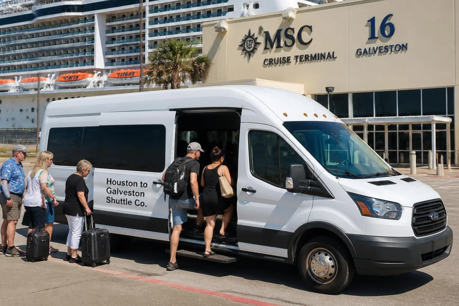 Shared shuttle passengers with suitcases stepping aboard a Houston to Galveston Shuttle Co. van at MSC Cruise Terminal 16