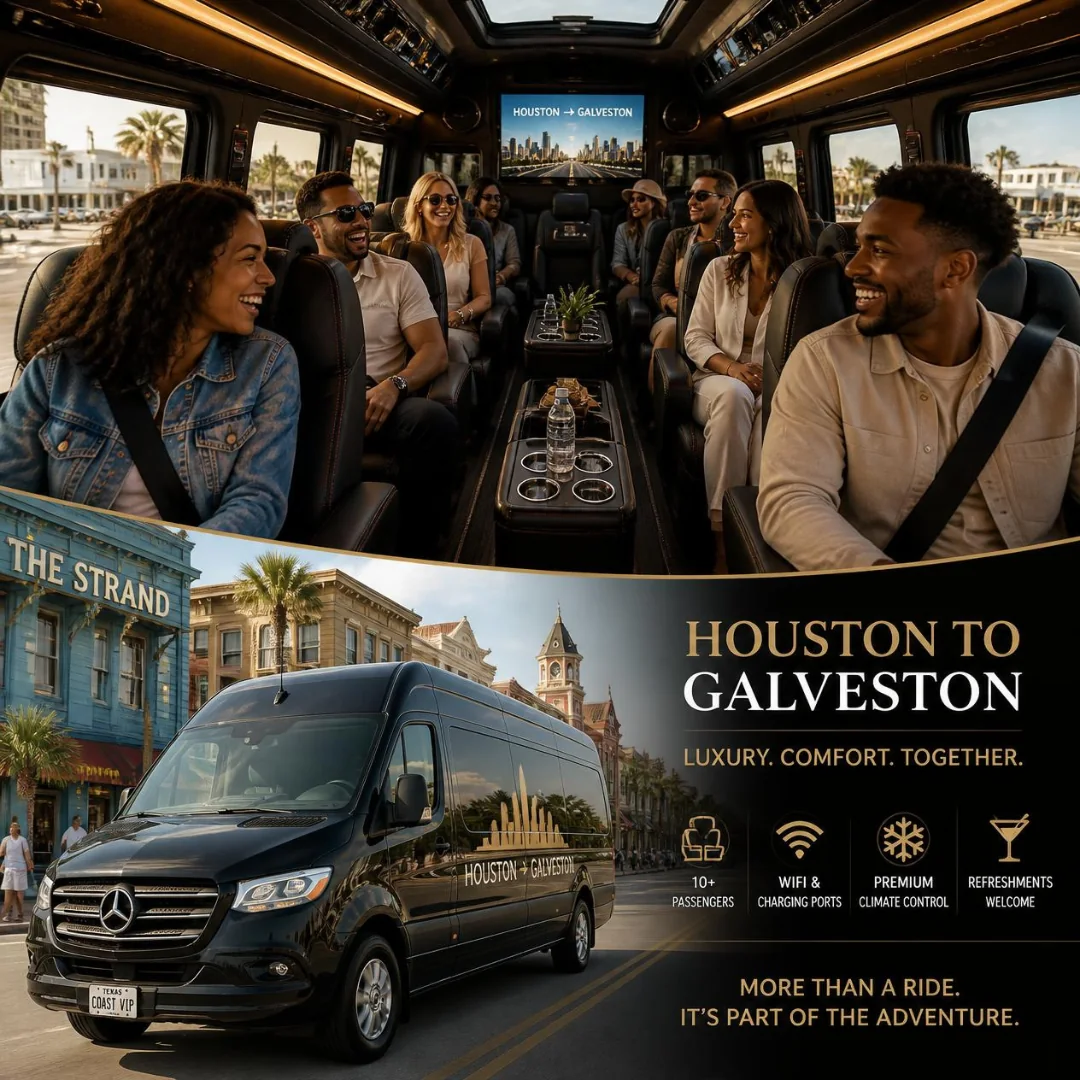 Group of ten passengers seated inside a Houston to Galveston Shuttle Co. Sprinter for a cruise port transfer