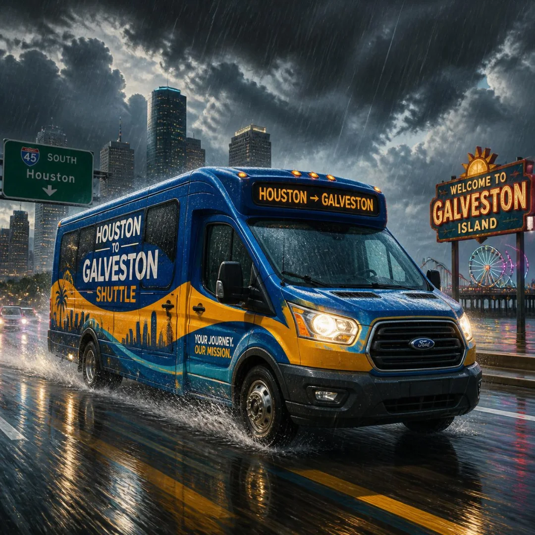 Houston to Galveston shuttle on I-45 South in heavy storm weather during hurricane season