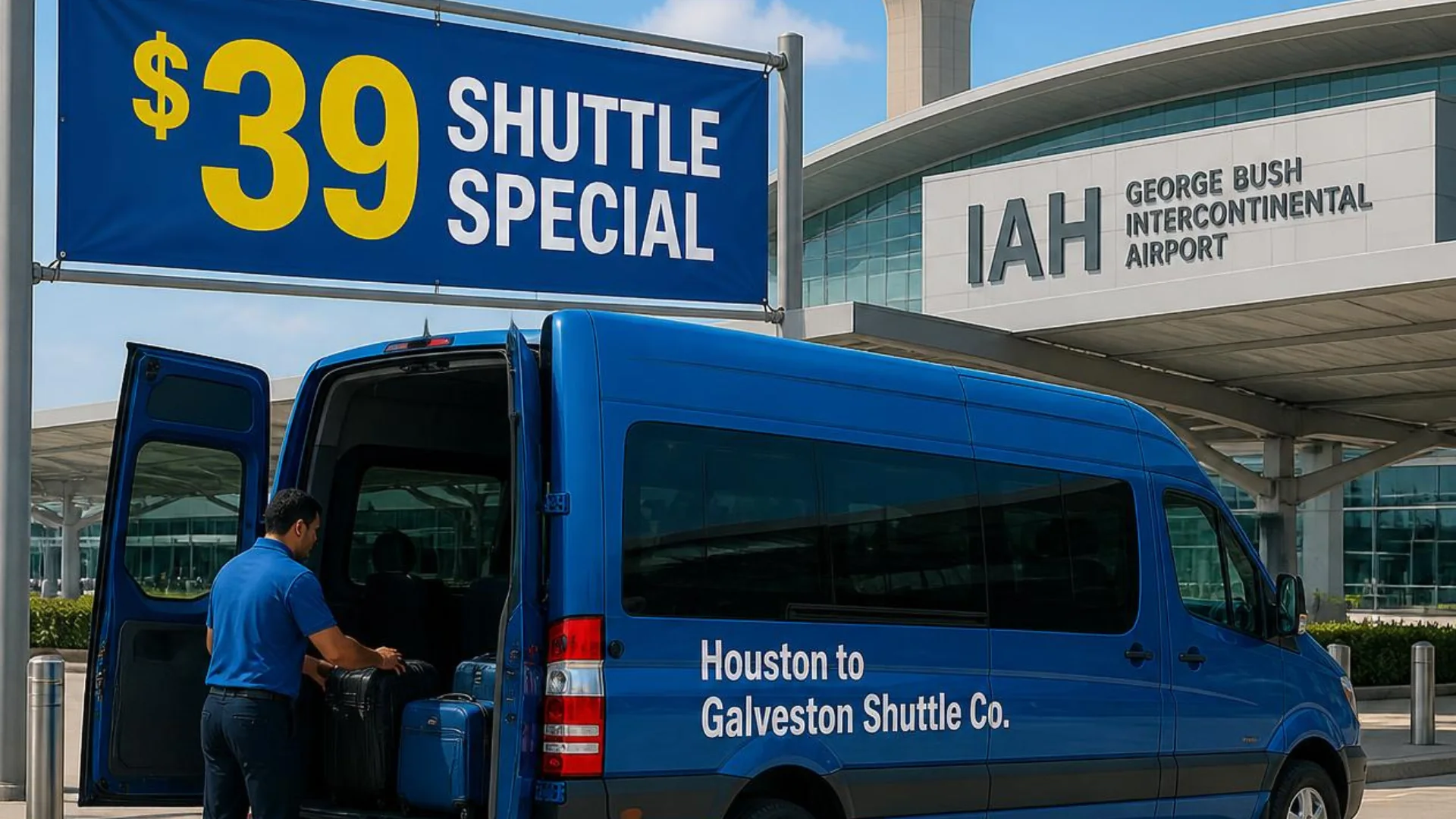 Driver loading luggage into a Houston to Galveston Shuttle Co. shared van at IAH beneath a $39 shuttle special banner