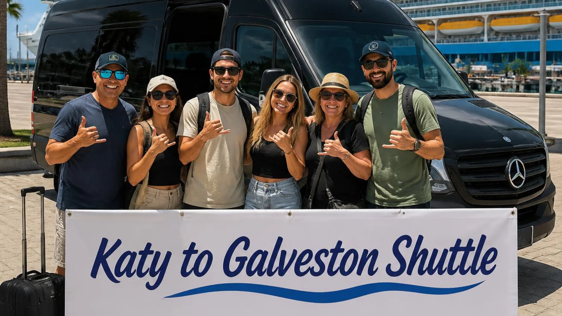 A group of six cruise passengers with luggage beside a black Houston to Galveston Shuttle Co. Sprinter van at the Galveston