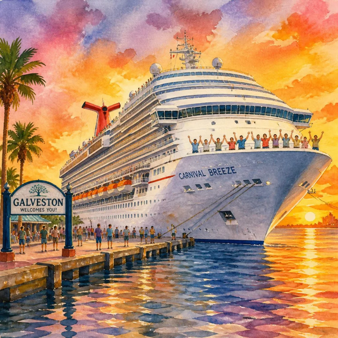 Cruise ship departing the Galveston pier at sunset after passengers missed the sailing
