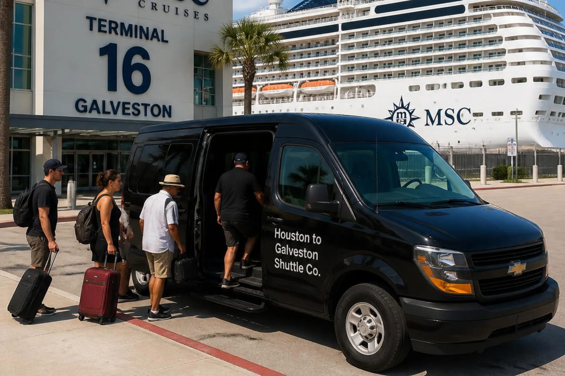 Passengers with luggage boarding a black Houston to Galveston Shuttle Co. van at MSC Cruise Terminal 16 Galveston
