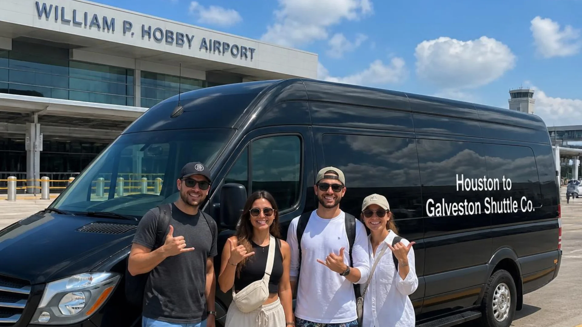 A group beside a Houston to Galveston Shuttle Co. 14-seat black Sprinter van at William P. Hobby Airport