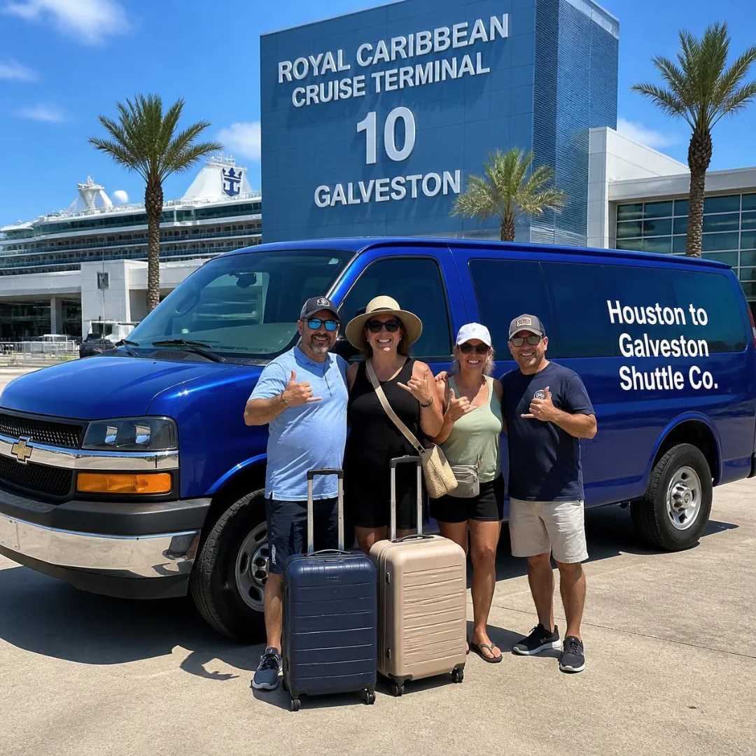 Four cruise passengers with suitcases beside a Houston to Galveston Shuttle Co. van at Royal Caribbean Cruise Terminal 10 in