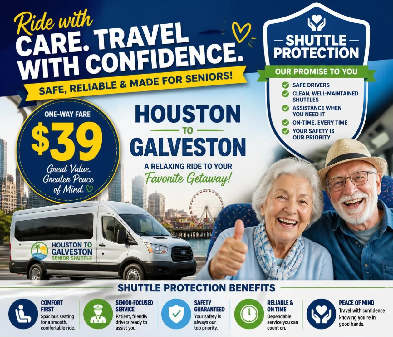 Senior travellers boarding a Houston to Galveston shuttle to the Galveston cruise port with luggage assistance
