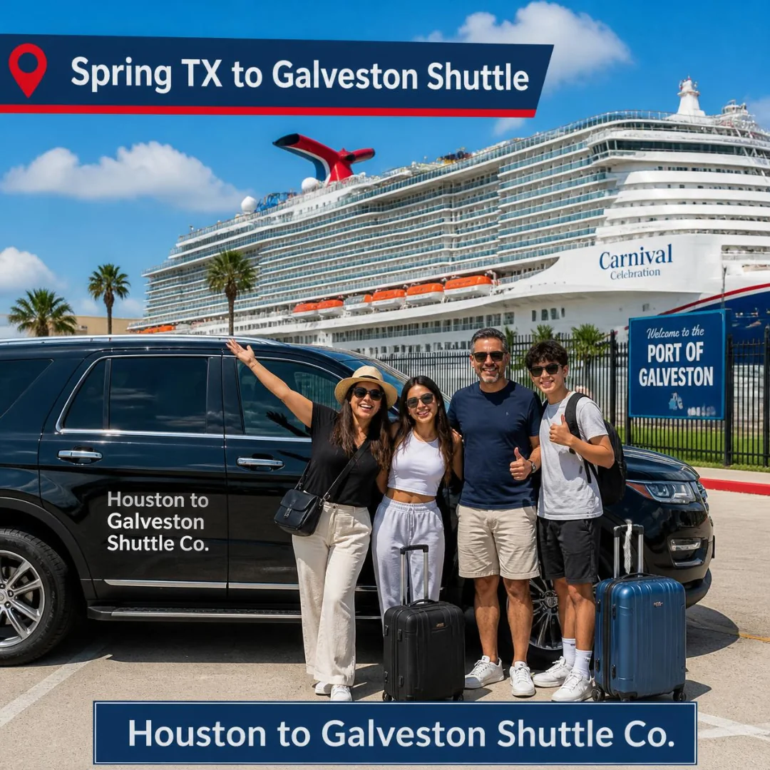 A family of four with suitcases beside a black Houston to Galveston Shuttle Co. SUV at the Port of Galveston entrance