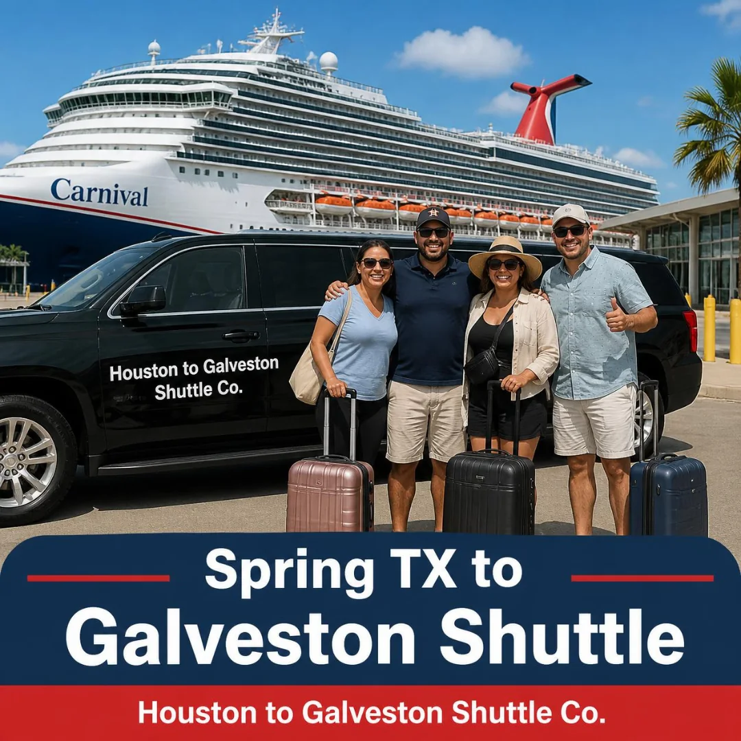 Four cruise passengers with luggage beside a black Houston to Galveston Shuttle Co. SUV at the Galveston cruise terminal