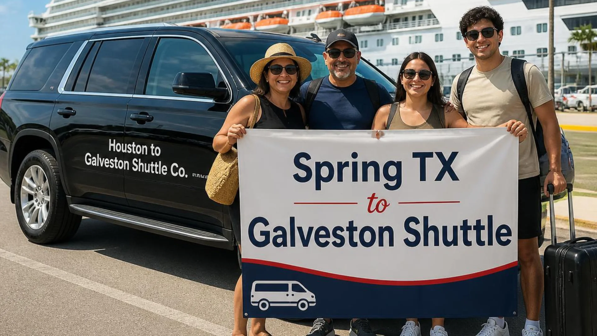 Four cruise passengers holding a Spring TX to Galveston Shuttle banner beside a black Houston to Galveston Shuttle Co. SUV