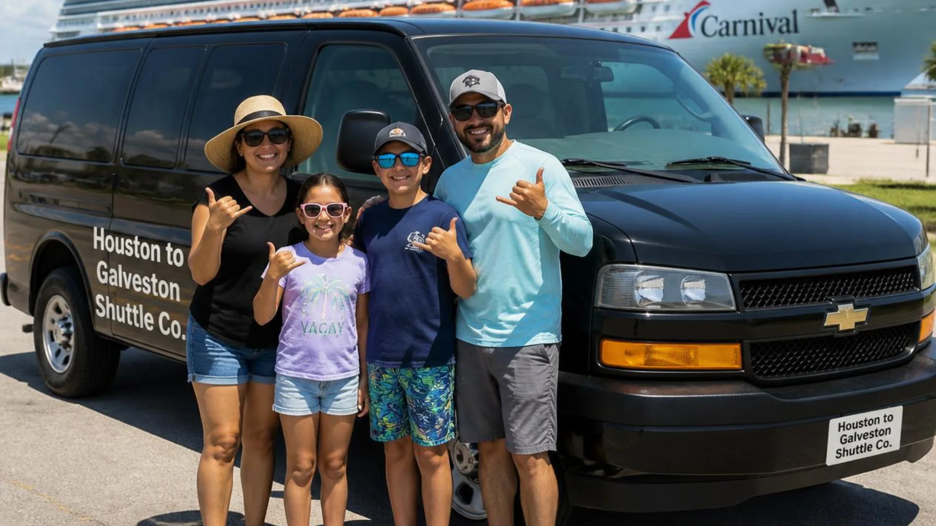 A family of four beside a black Houston to Galveston Shuttle Co. van at the Galveston cruise port