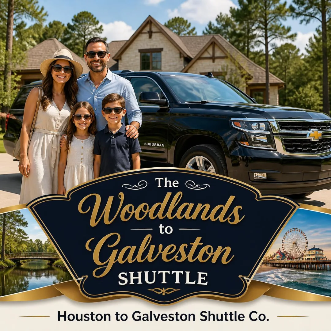 A family with two children beside a black Houston to Galveston Shuttle Co. Suburban at a door-to-door pickup in The Woodlands